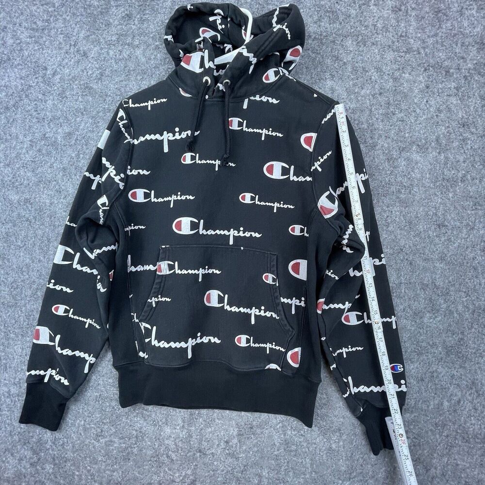 Champion Reverse‎ Weave Hoodie Mens Small Black All Over Logo Script Sweatshirt - Picture 5 of 6